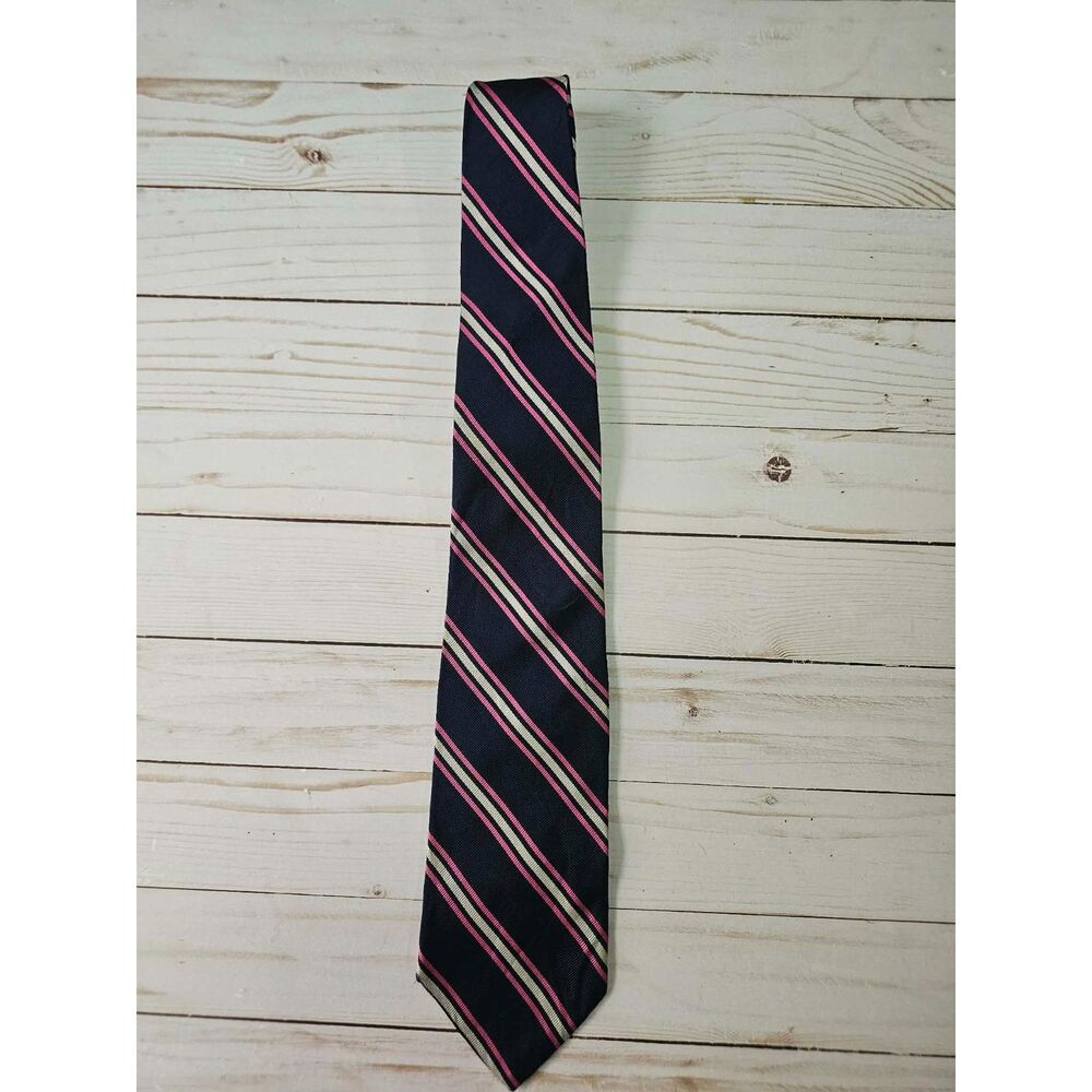 Brooks Brothers Makers All Silk Tie Navy Pink Cream Striped Made USA Mens